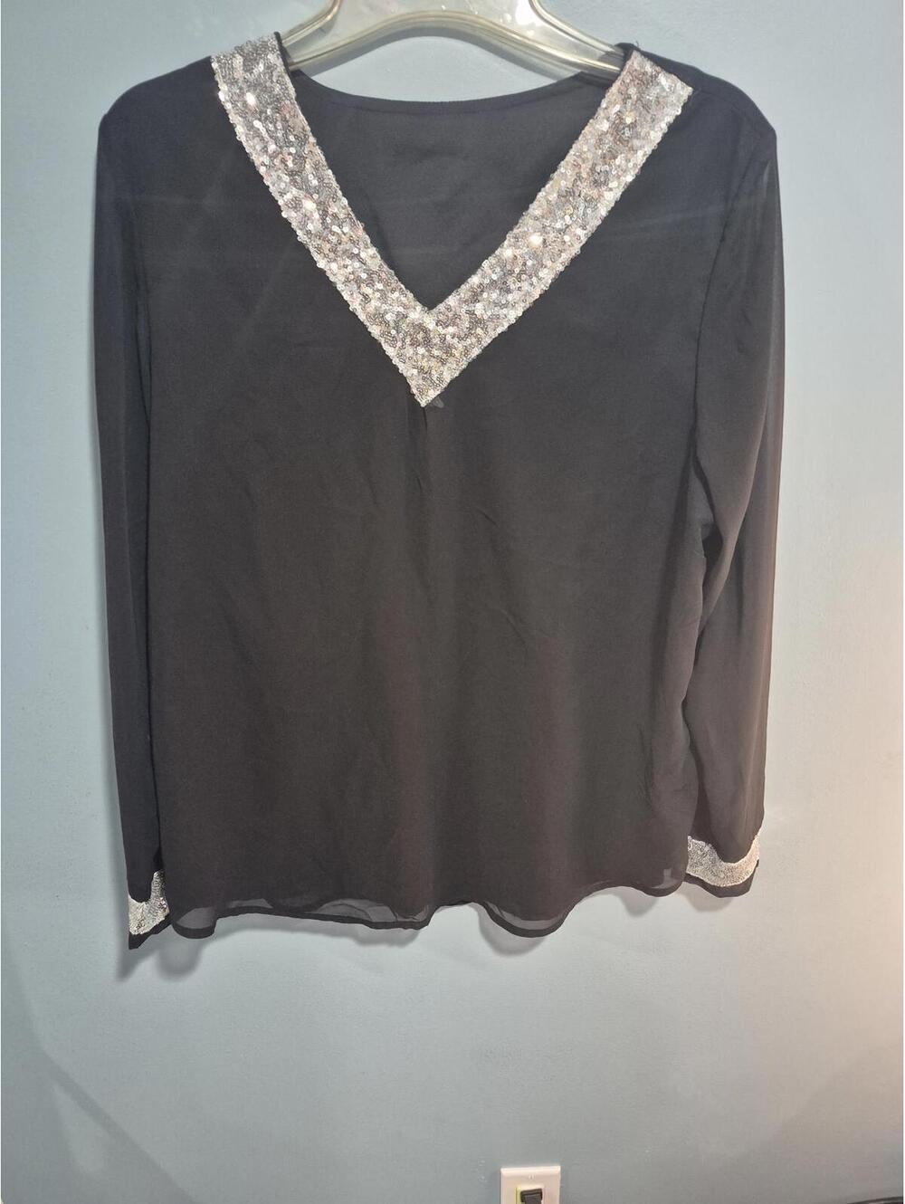 Black Long Sleeve Blouse with Silver Sequin Trim Size Large